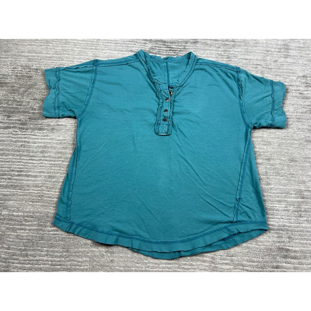 Free People Henley Womens M Teal CT-3314Y Short Sleeve Exposed Seam Relaxed Top
